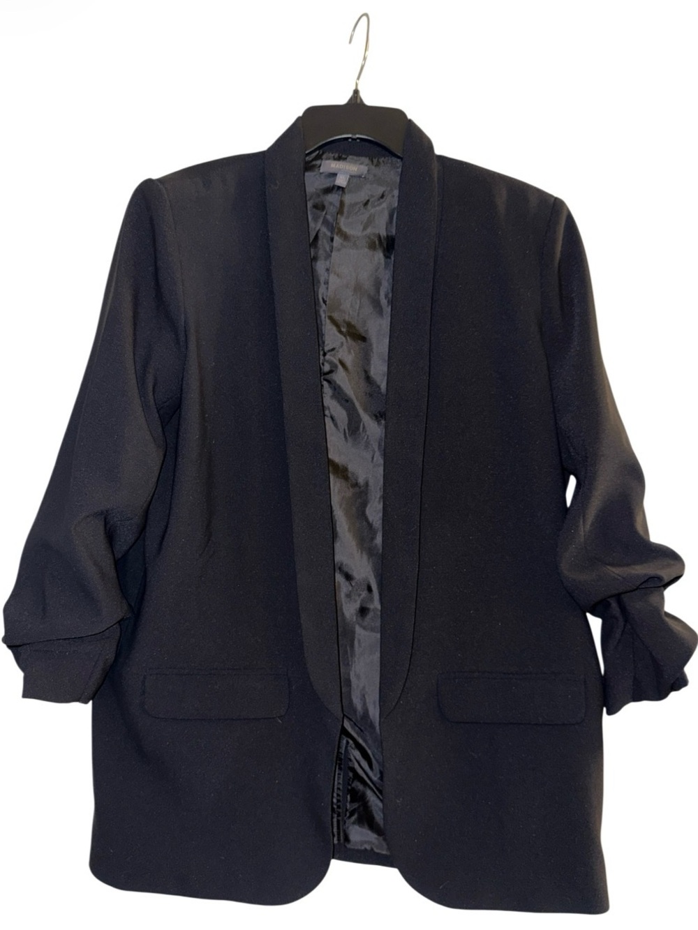 Madison Black Ruched Sleeve Open Front Blazer Faux Pocket Women’s Jacket